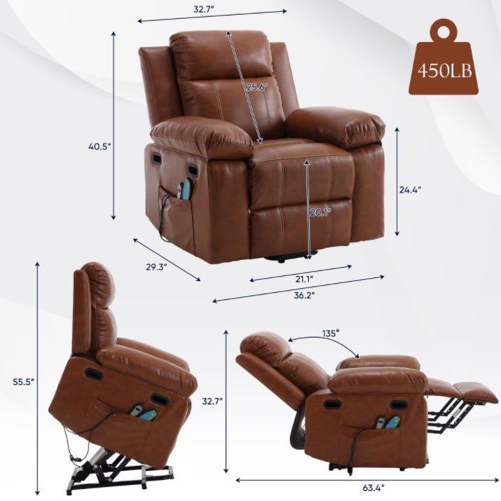 Large Size Electric Lift Recliner Sofa For Seniors, 8 Point Vibration Massage And Wood Heating, Remote Control